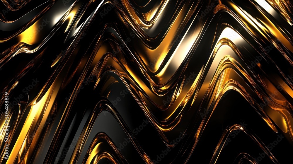 Poster abstract dynamic zig-zag patterns with glowing golden lines on a dark metal surface