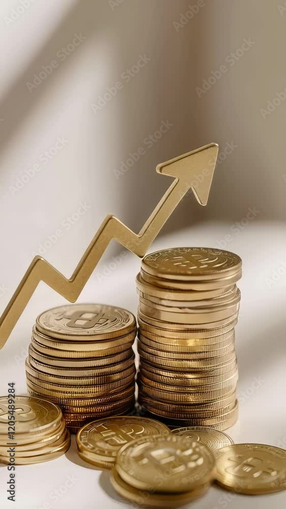 Poster Stacks of gleaming golden bitcoins combined with an upward arrow illustrate the rising investment and increasing value within the dynamic cryptocurrency market