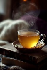 Steaming cup of chamomile tea rests on a wooden tray adorned with fresh flowers, surrounded by stacked books on a soft blanket, creating a calming atmosphere perfect for relaxation.