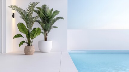 Modern Minimalist Patio with Potted Plants and Tranquil Swimming Pool Under Clear Blue Sky