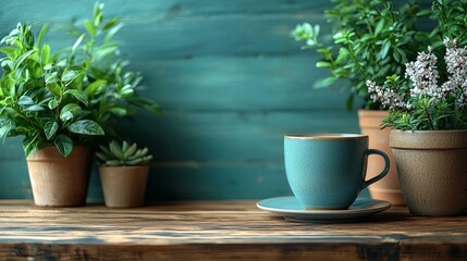 Blue teacup and plants on a rustic wooden table