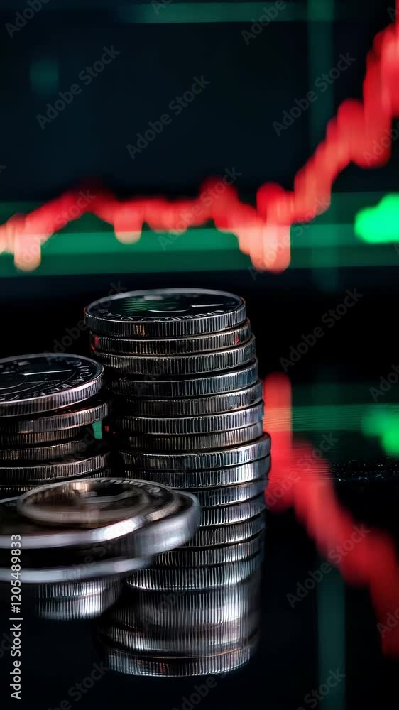 Poster stacks of cryptocurrency coins falling on reflective surface with red stock market graph decreasing 