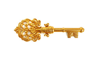 A golden ornate key with intricate details on a white background, perfect for vintage and antique concepts isolated on white background. Generative AI