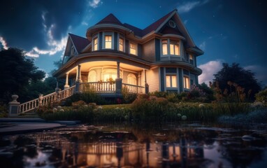 Victorian House Reflecting in Pond at Night