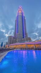 Obraz premium Illuminated Hotel Tower with Adjacent Pool at Dusk