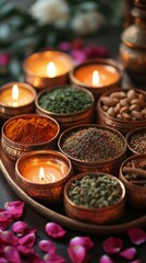 Brightly colored spices are arranged in copper bowls, surrounded by rose petals and flickering candles, creating a cozy and inviting atmosphere perfect for culinary inspiration.