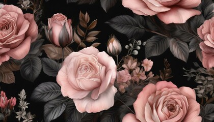 Beautiful roses and garden flowers floral vintage seamless pattern graphic resource