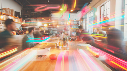 Creative workspace with blurred motion, vibrant colors, and collaborative atmosphere. People engaged in brainstorming and discussions, showcasing innovation and teamwork
