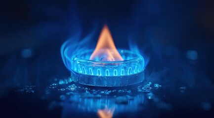 Close-up of a bright blue gas stove flame on dark background