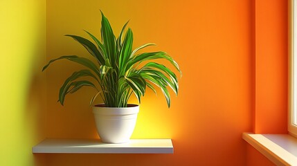 Obraz premium Vibrant Green Plant in White Pot on Yellow and Orange Wall Shelf