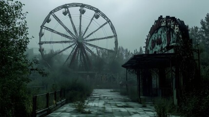 abandoned amusement park with ferris wheel in foggy weather