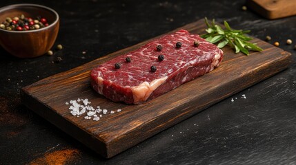 A slab of meat with pepper and salt on a wooden cutting board