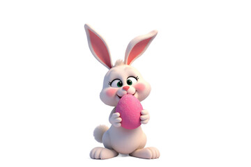 Obraz premium A cartoon-style bunny holding a dusty pink Easter egg with a cheerful smile. 