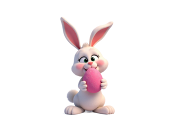A cartoon-style bunny holding a dusty pink Easter egg with a cheerful smile.