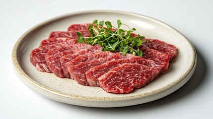 Fototapeta premium A plate of meat with green leaves on top