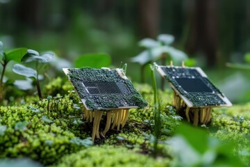 Technology meets nature in a surreal forest setting with moss-covered circuit boards