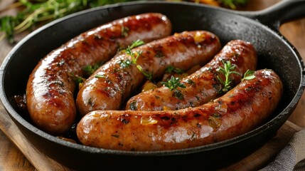 A plate of sausages with herbs and spices on top
