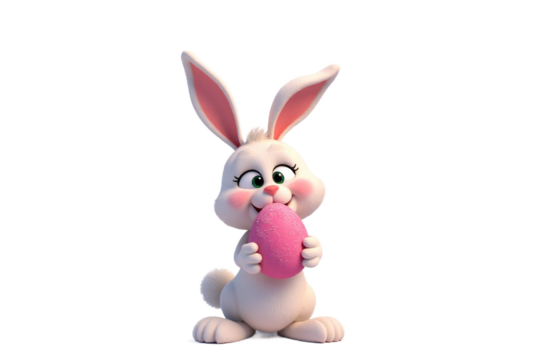 A cartoon-style bunny holding a dusty pink Easter egg with a cheerful smile.
