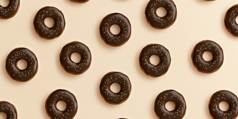 Chocolate donuts on a beige mocha mousse background. Design concept banner of romantic, sweet life,confectionery, Valentine's day, chocoholic style and weight loss and healthy eating