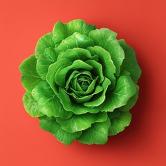 Fototapeta premium Fresh and vibrant lettuce displayed against a minimalistic light red background, showcasing its crisp leaves and natural texture in a simple yet elegant arrangement