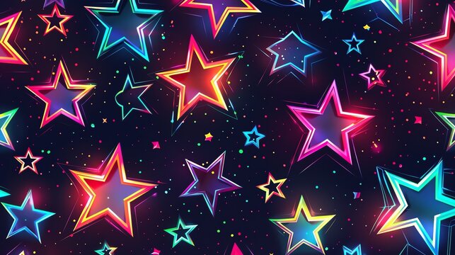 Colorful neon stars on a dark background.