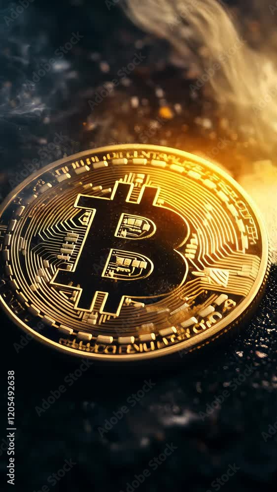 Poster gold bitcoin coin is rotating surrounded by smoke and sparks on a black background, representing the