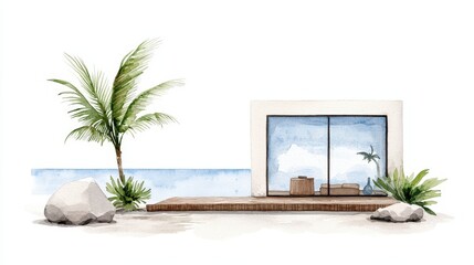 Serene Coastal Retreat with Palm Trees and Modern Architecture in a Watercolor Style