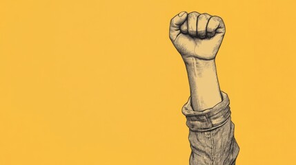 Raised fist in a denim sleeve against yellow background.