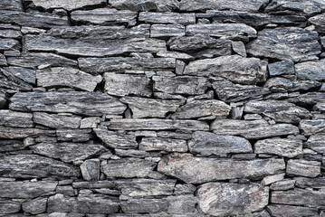 Stone Wall Texture: A rustic and rugged close-up shot of a dry-stone wall, showcasing the varied textures and tones of the natural grey stones.