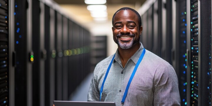 Smiling IT professional in a server room with laptop