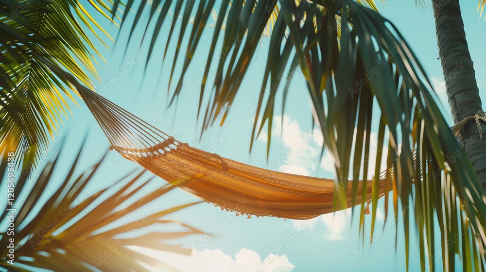 Poster a hammock hangs between two palm trees with a beach in the background.