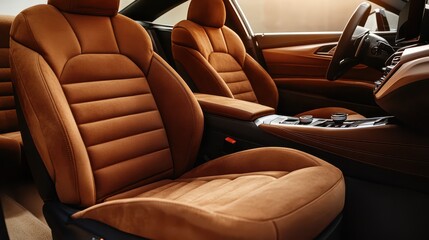 Obraz premium Brown car seats with a warm beige background highlight the interior of a luxury vehicle, showcasing comfort and style in a modern design