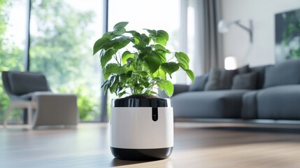 A stylish smart plant pot with self-watering features in a contemporary living room, symbolizing modern home gardening solutions and tech integration, Living room scene