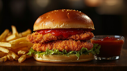 A delicious double crispy chicken burger on a sesame seed bun, served with golden french fries and a side of ketchup