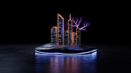 Futuristic City Skyline with Neon Lights and Abstract Lightning Effects on Dark Background