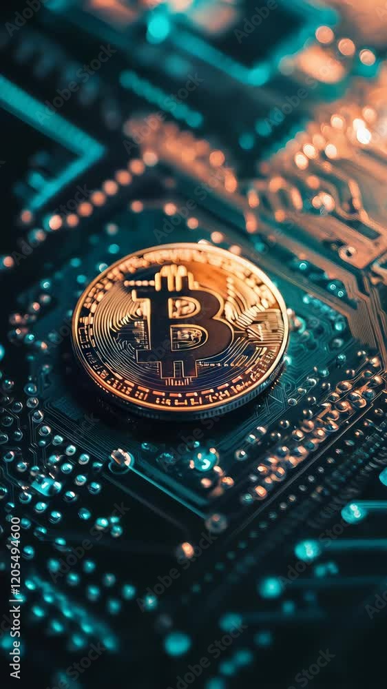 Poster golden bitcoin coin placed on a computer motherboard, representing cryptocurrency mining, investment