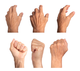 Elderly woman's hand outstretche, clenched fist transitioning to open fingers, dorsal view showing wrinkled skin, visible veins, and prominent knuckles. Isolated on white background.