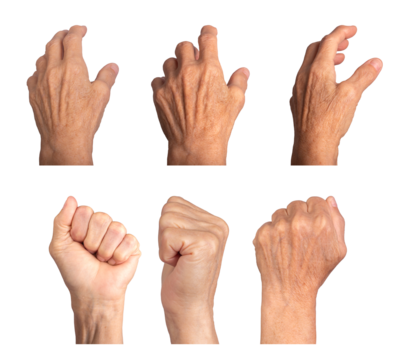 Elderly woman's hand outstretche, clenched fist transitioning to open fingers, dorsal view showing wrinkled skin, visible veins, and prominent knuckles. Isolated on white background.