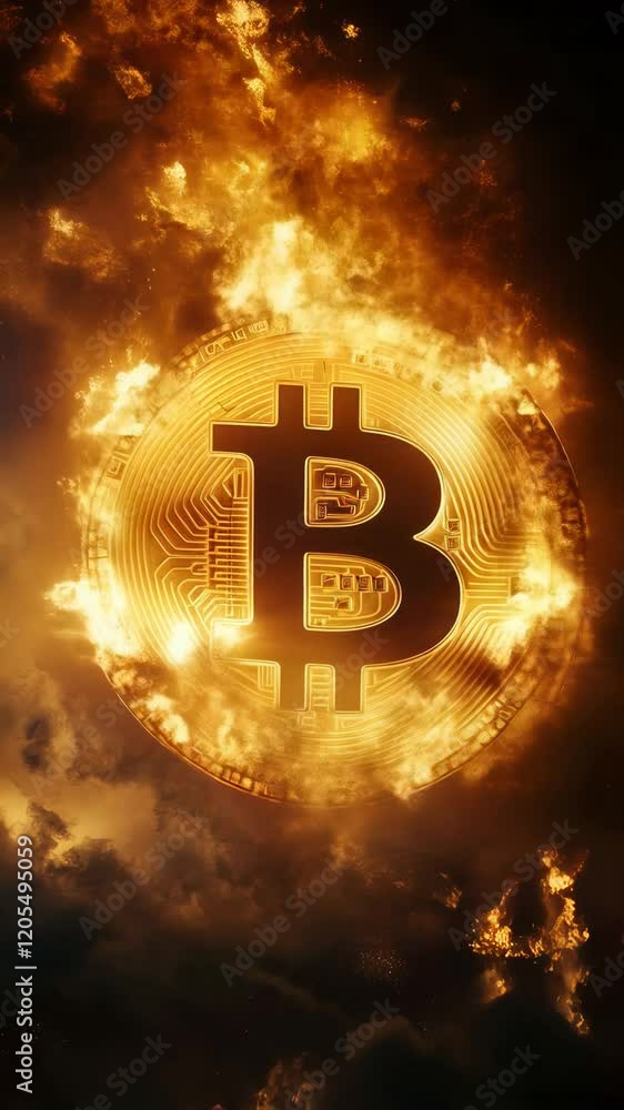 Aufkleber bitcoin cryptocurrency is burning in a dramatic sky with clouds and fire, representing the volatilit