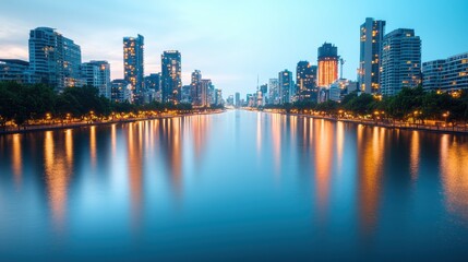 Naklejka premium A serene cityscape reflecting on water at dusk, showcasing illuminated skyscrapers and vibrant urban life.