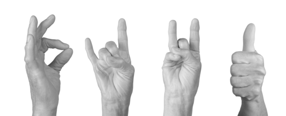 Elderly woman's hand showing rock horn gesture with thumb up, wrinkled skin, expressive sign of approval or agreement, grayscale tones. Isolated on white background.