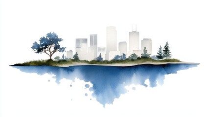 Urban Landscape with Reflection in Watercolor Style Featuring Trees and Buildings