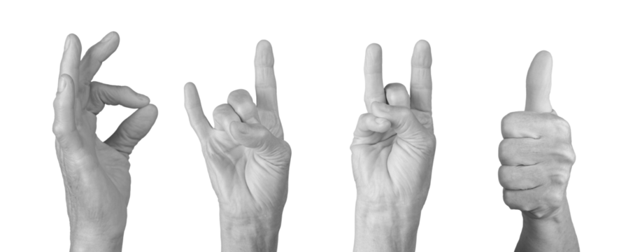 Elderly woman's hand showing rock horn gesture with thumb up, wrinkled skin, expressive sign of approval or agreement, grayscale tones. Isolated on white background.
