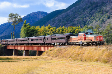 Obraz premium 山口線を走る正月仕様のDD51 長門峡 山口県山口市 New Year spec DD51 running on the Yamaguchi Line. Nagato Gorge. Yamaguchi Pref, Yamaguchi City.