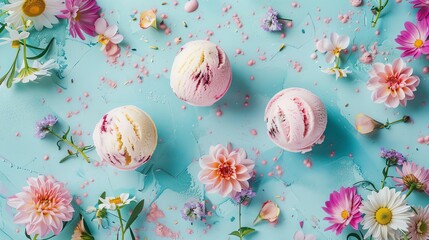 Three scoops of ice cream with flowers and sprinkles on a blue background.