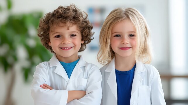 Two young children in white lab coats are smiling for the camera