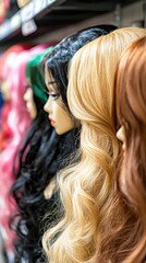 Naklejka premium Colorful Wigs Displayed On Mannequin Heads