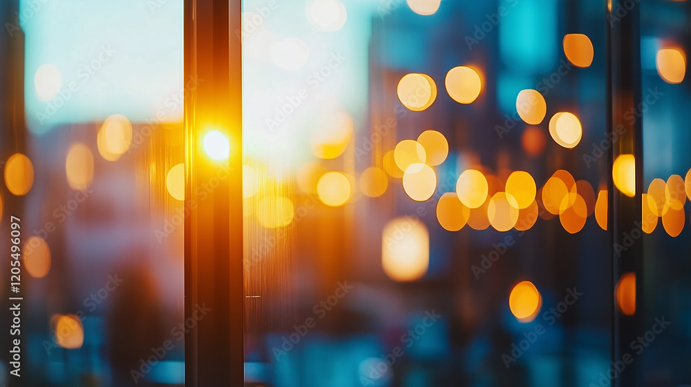 Aufkleber sunset view through glass with bokeh lights creating warm atmosphere. vibrant colors and soft focus 