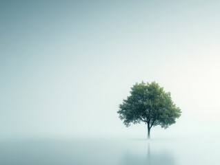 A solitary tree stands in a serene, misty landscape, evoking tranquility and reflection.