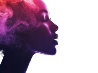 A stylized profile silhouette of a woman with colorful smoke effects.